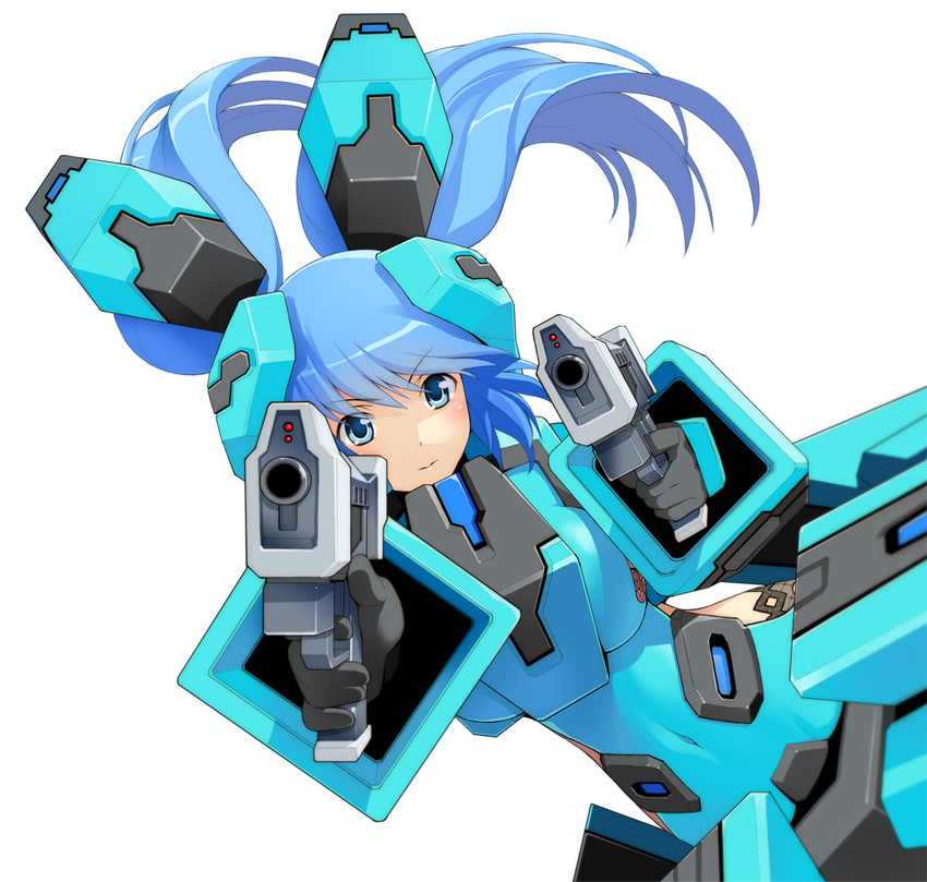 blue_eyes blue_hair cosmic_break dual_wielding gun handgun highres holding lily_rain mecha_musume official_art pistol solo transparent_background twintails wakaba weapon