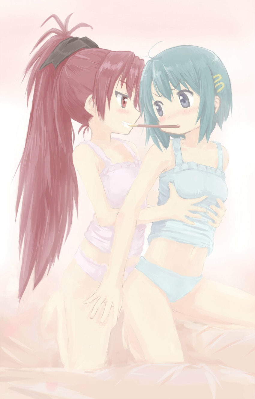 &gt;:) :d :o bed blue_hair blush bow breast_grab camisole eye_contact food grabbing grin groping hangaku highres lingerie long_hair looking_at_another mahou_shoujo_madoka_magica miki_sayaka multiple_girls open_mouth pale_color pocky pocky_kiss ponytail red_eyes red_hair sakura_kyouko shared_food short_hair smile thighs underwear underwear_only v-shaped_eyebrows yuri