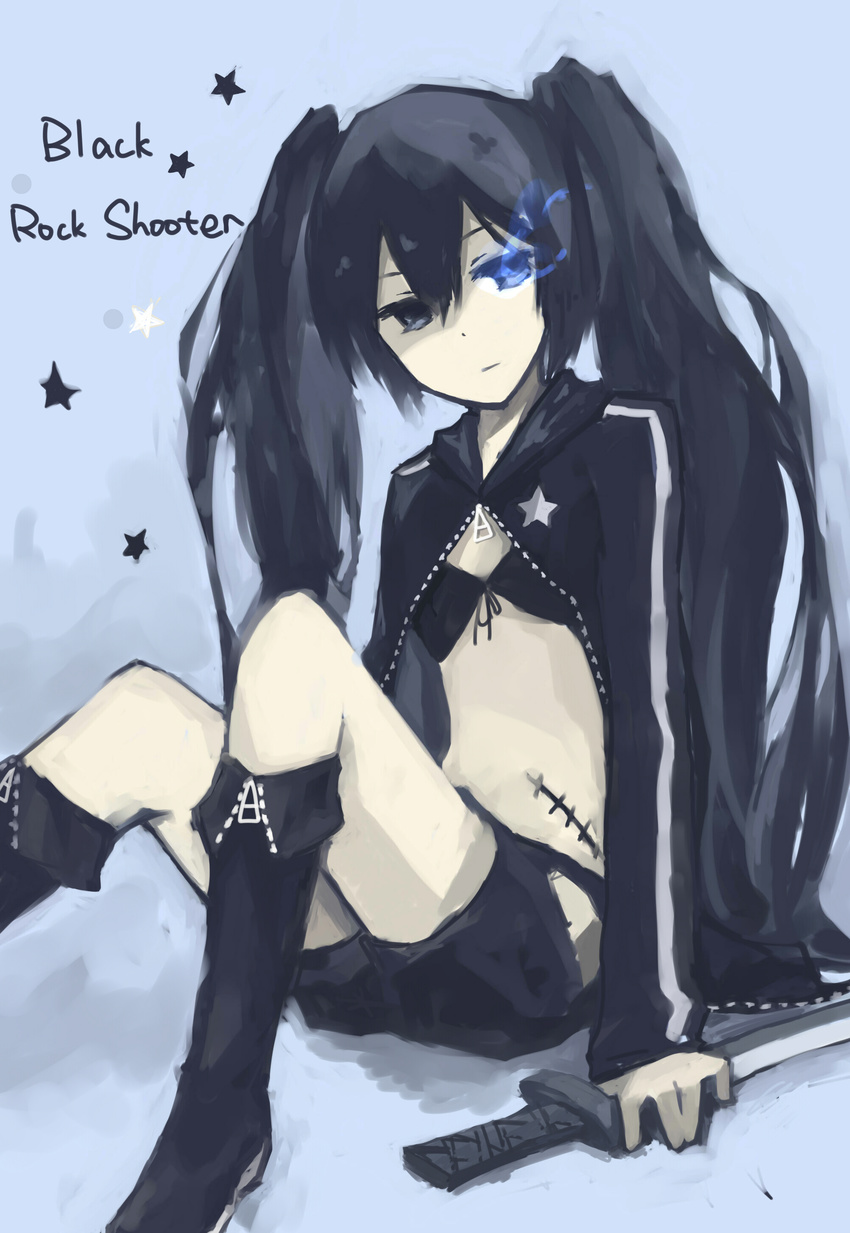 absurdres bad_id bad_pixiv_id black_hair black_rock_shooter black_rock_shooter_(character) blue_eyes boots burning_eye flat_chest highres jl katana long_hair shorts simple_background sitting solo star sword twintails weapon