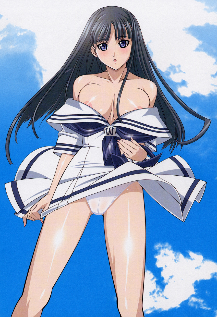 absurdres areolae bare_shoulders black_hair blue_eyes cloud dress highres kuroda_kazuya long_hair mizushima_asa panties sailor_dress school_uniform solo sora_no_iro_mizu_no_iro underwear undressing wind wind_lift