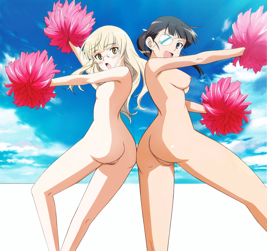 2girls ass ass-to-ass beach black_eyes black_hair blonde_hair blush breasts cheerleader cloud eyepatch glasses highres long_hair megane mio_sakamoto multiple_girls nipples nude nude_filter open_mouth perrine_h_clostermann photoshop pom_poms ponytail pussy sakamoto_mio sky smile strike_witches uncensored yellow_eyes zenra