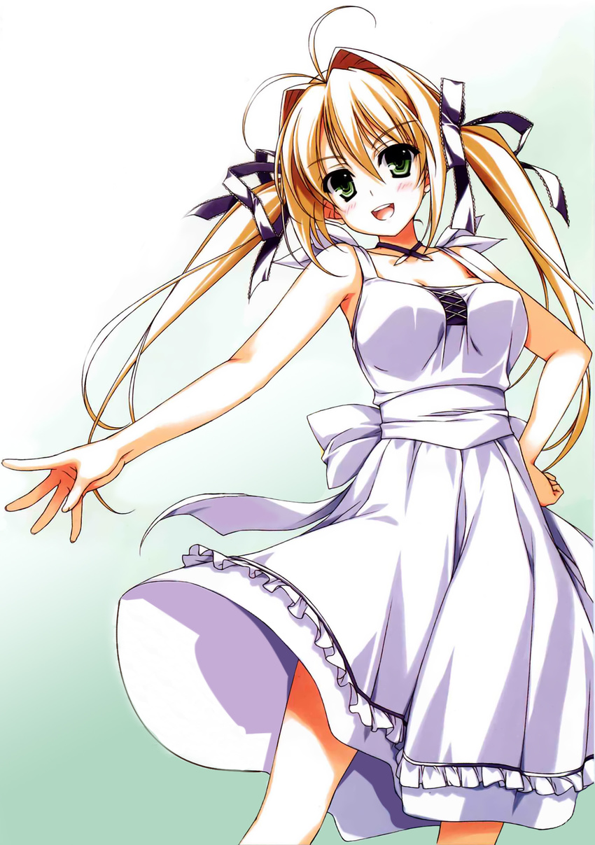 ahoge antenna_hair bare_shoulders blonde_hair breasts dress frills green_eyes hair_ribbon hand_on_hip highres kamiyama_reika kourin_no_machi_lavender_no_shoujo large_breasts long_hair open_mouth outstretched_arm ribbon simple_background solo sundress twintails white_dress yuuki_hagure