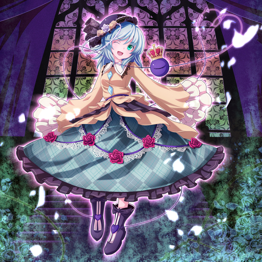 argyle bow crown embellished_costume flower frills hat head_tilt heart heart_of_string highres komeiji_koishi lace long_sleeves nikka_(cryptomeria) one_eye_closed open_mouth pearl petals plant red_flower red_rose rose rose_petals sleeves_past_wrists solo stairs third_eye thorns touhou unmoving_pattern vines window