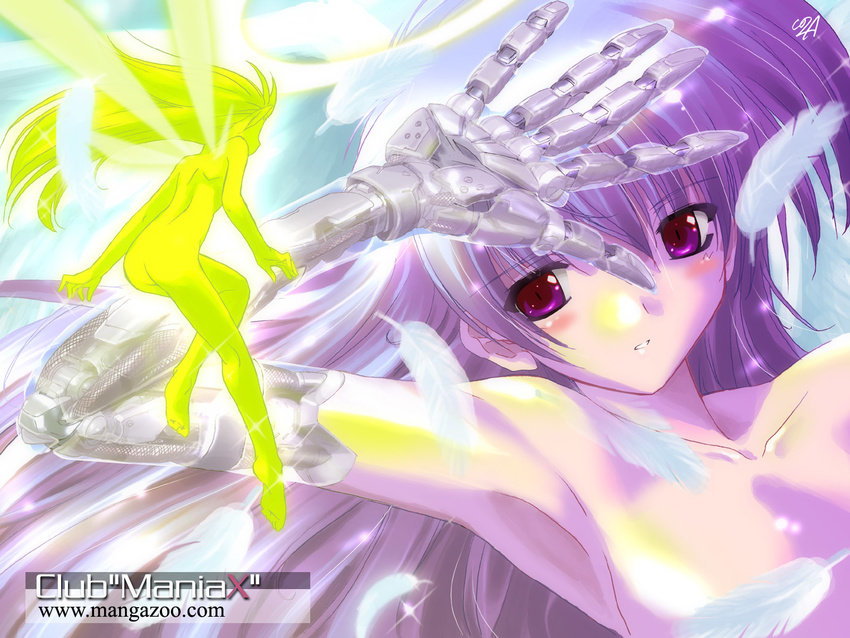 android fairy feathers komatsu_e-ji long_hair nude purple_eyes purple_hair