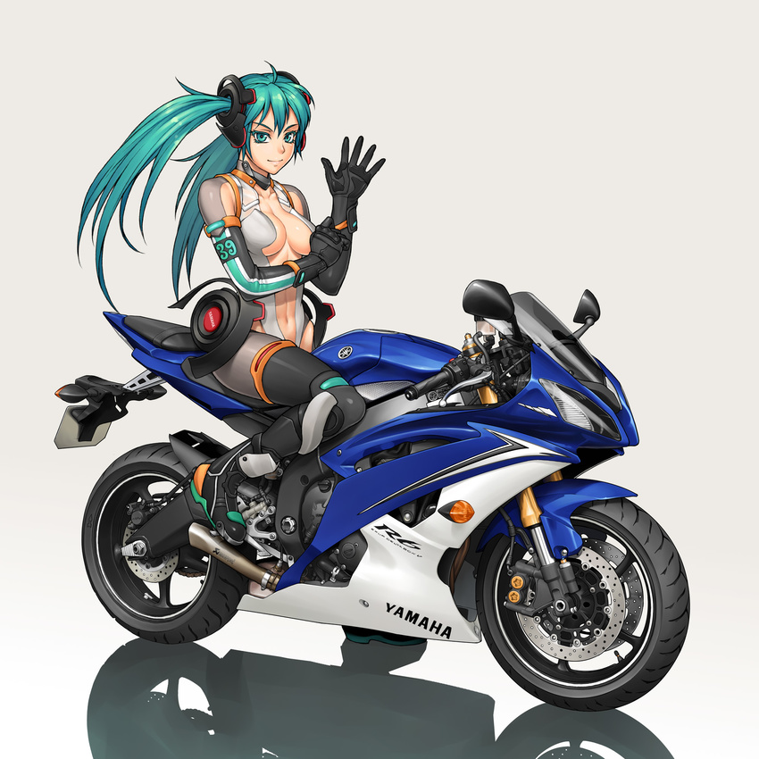 39 abs alternate_costume bang-you bodysuit breasts center_opening company_connection dressing gloves green_hair ground_vehicle hatsune_miku hatsune_miku_(append) highres long_hair medium_breasts motor_vehicle motorcycle on_motorcycle smile solo twintails vocaloid vocaloid_append yamaha