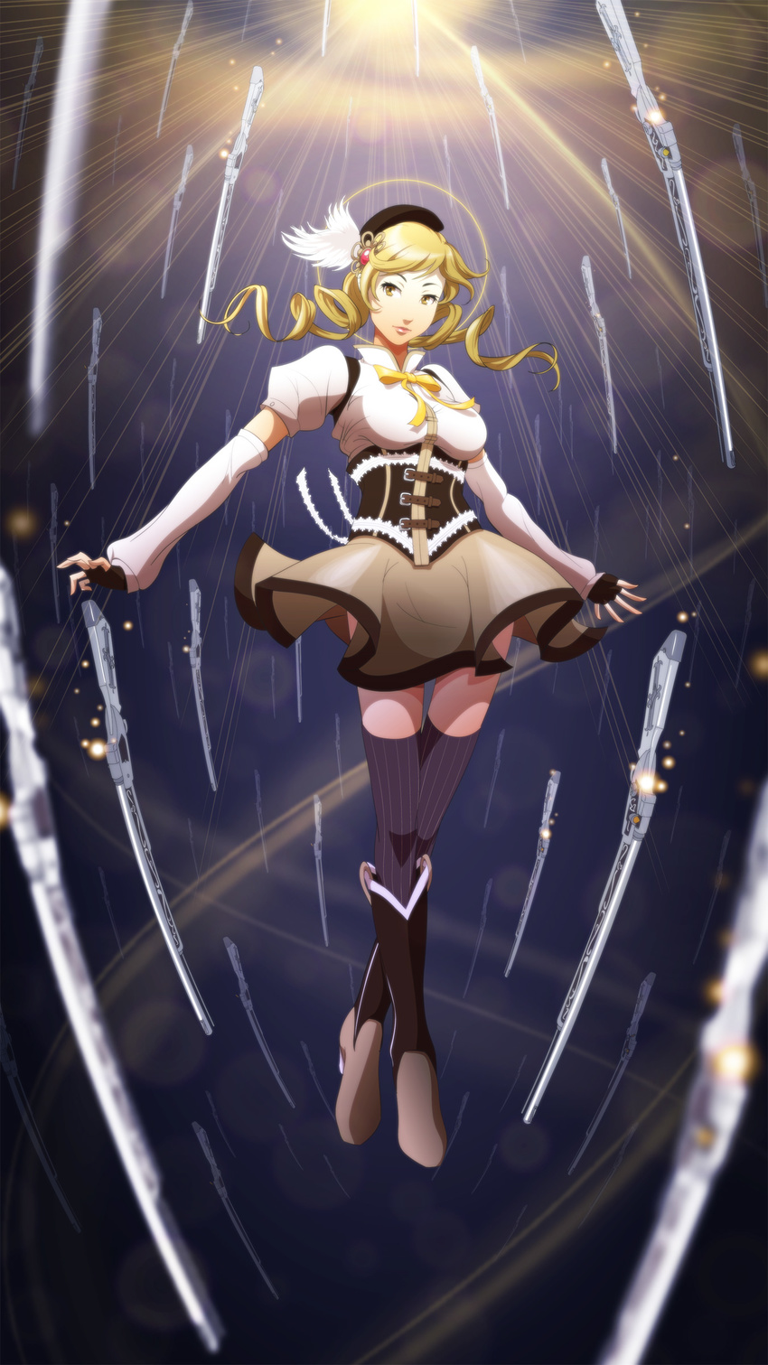 absurdres beret blonde_hair blurry boots brown_legwear crossed_legs depth_of_field detached_sleeves drill_hair fingerless_gloves fisheye floating gloves gun hair_ornament hairpin halo hat highres hy136 light_particles light_rays magical_girl magical_musket mahou_shoujo_madoka_magica perspective pleated_skirt puffy_sleeves ribbon rifle skirt solo standing striped striped_legwear sunbeam sunburst sunlight thighhighs tomoe_mami twin_drills twintails vertical-striped_legwear vertical_stripes weapon yellow_eyes zettai_ryouiki