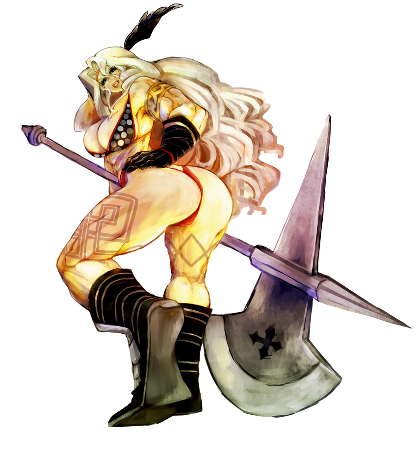 absurdres amazon_(dragon's_crown) armlet armor ass bent_over bikini bikini_armor blonde_hair boots breasts circlet dragon's_crown feathers gloves grin halberd highres huge_breasts long_hair mov muscle panties polearm smile solo swimsuit tattoo thick_thighs thighs thong underwear vanillaware weapon