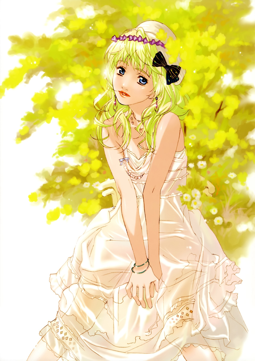 absurdres blonde_hair blue_eyes bracelet dress earrings ebata_risa hat head_tilt head_wreath highres jewelry lips long_hair looking_at_viewer macross macross_frontier necklace official_art scan see-through sheryl_nome solo v_arms