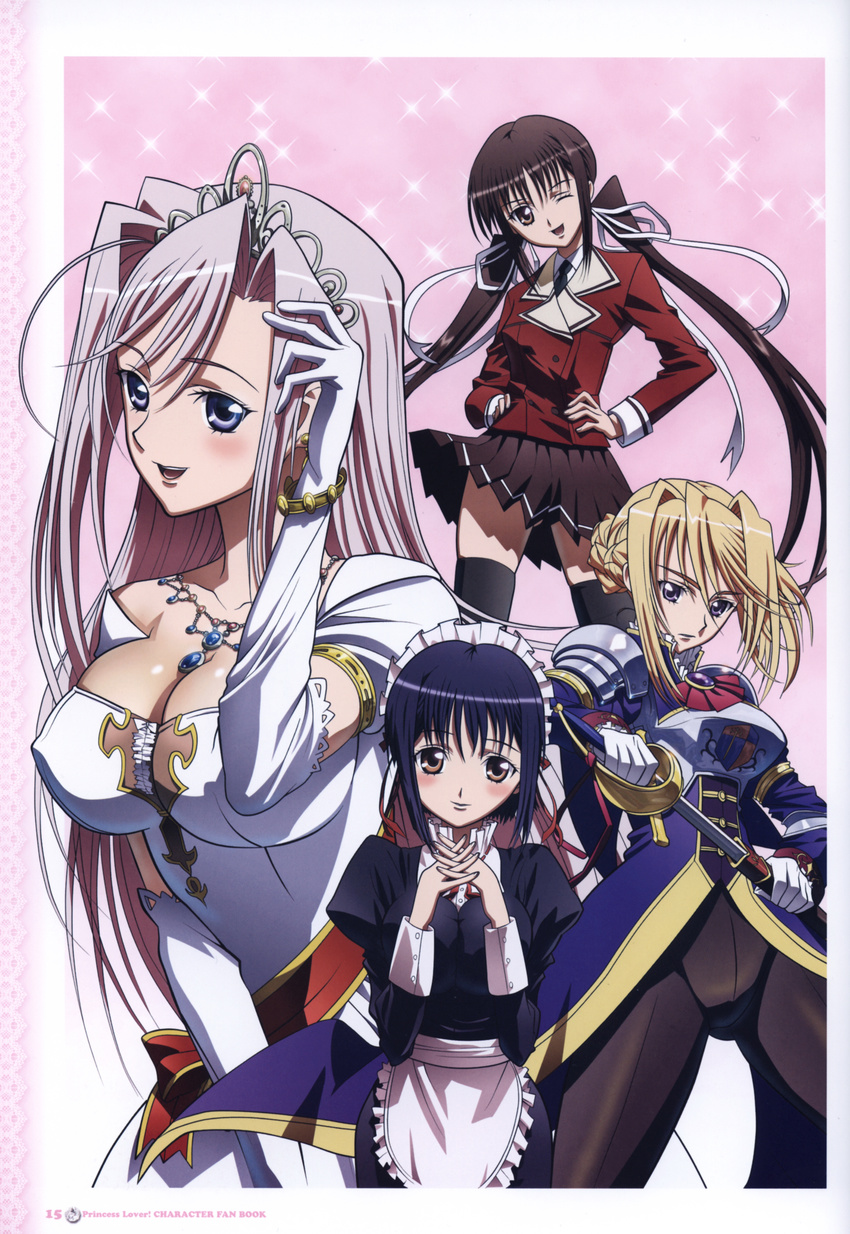 4girls absurdres armor blush charlotte_hazellink charlotte_hazelrink cleavage erect_nipples female fujikura_yuu highres houjouin_seika maid maid_outfit multiple_girls nipples princess_lover princess_lover! scanning_dust school_uniform screening seika_houjouin silvia_van_hossen sword sylvia_van_hossen thighhighs uniform weapon weapons