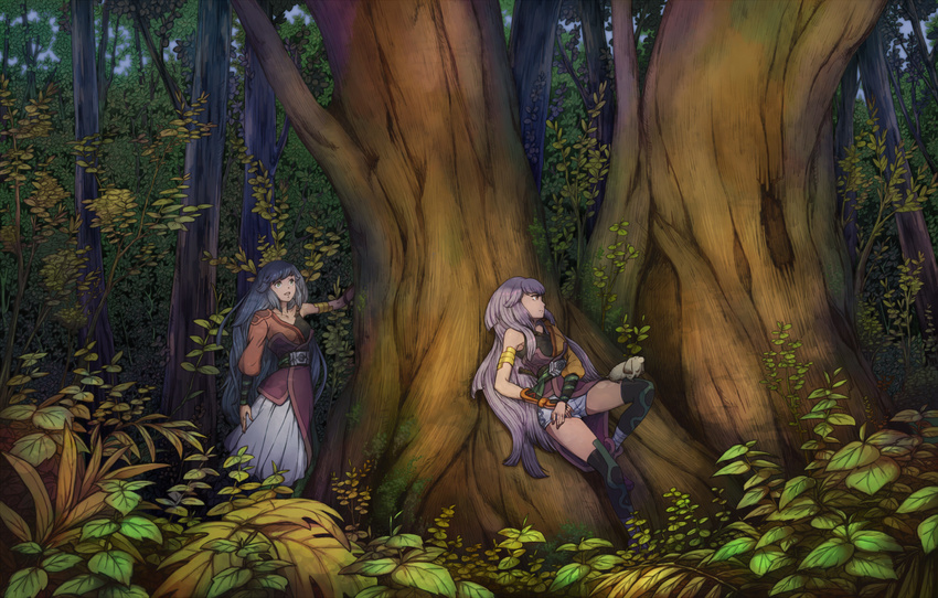 against_tree animal armlet asymmetrical_clothes belt black_legwear blue_hair dress forest gloves green_eyes highres leaning long_hair multiple_girls nature nira_(niratoro) original over-kneehighs plant profile scenery shorts siblings single_glove sisters standing thighhighs tree twins