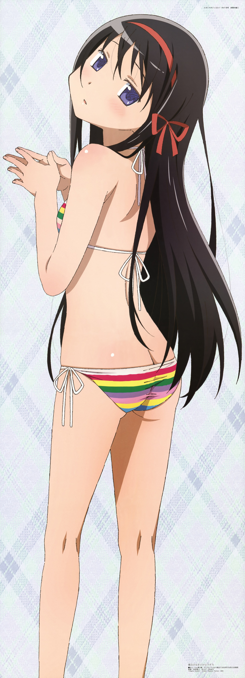 absurdres akemi_homura ass back bangs bikini black_hair blush butt_crack fingers_together flat_ass flat_chest from_side hair_ribbon hairband head_tilt highres huge_filesize incredibly_absurdres kneepits legs long_hair long_image looking_at_viewer looking_back mahou_shoujo_madoka_magica megami multicolored multicolored_bikini multicolored_clothes multicolored_stripes nakamura_naoto official_art parted_lips plaid plaid_background purple_eyes ribbon side-tie_bikini solo standing steepled_fingers stick_poster string_bikini striped striped_bikini swimsuit tall_image very_long_hair