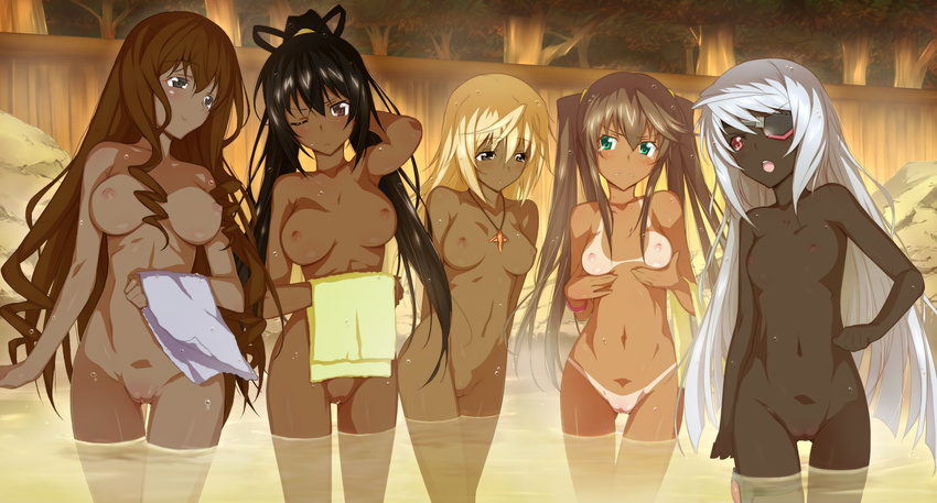 5_girls 5girls bath black_hair blonde_hair blue_eyes breast_envy breasts brown_hair cecilia_alcott charlotte_dunois dark_skin eyepatch flat_chest green_eyes highres huang_lingyin infinite_stratos jewelry kanna_asuke large_breasts laura_bodewig long_hair medium_breasts multiple_girls navel nipples nude onsen open_mouth pendant photoshop ponytail purple_eyes pussy red_eyes shinonono_houki silver_hair small_breasts source_request tan tanline towel towels twintails uncensored water wink