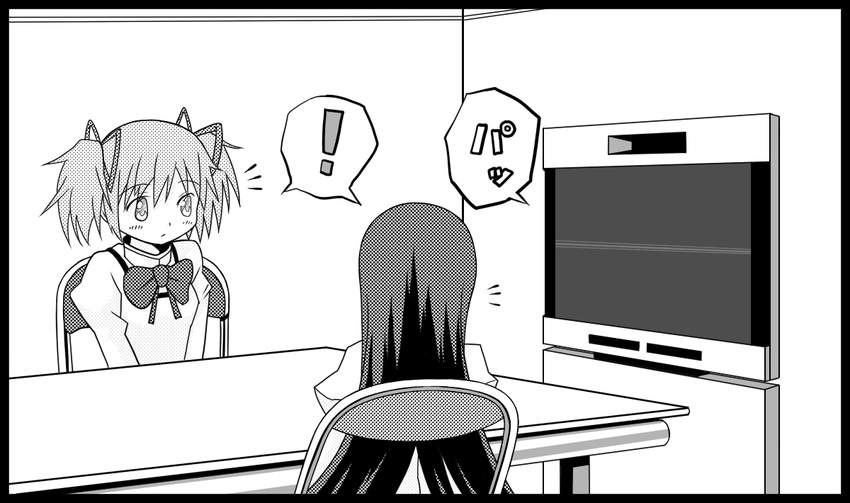 2girls akemi_homura comic downtown_no_gaki_no_tsukai_ya_arahende!! greyscale kaname_madoka mahou_shoujo_madoka_magica monochrome multiple_girls ribbon school_uniform short_twintails television translated tsukumo twintails