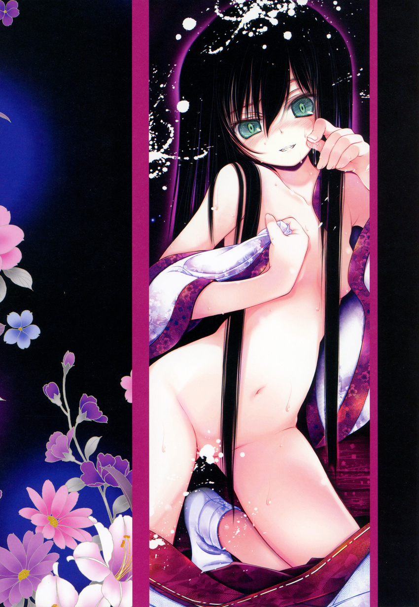 absurdres black_hair blush breasts censored convenient_censoring evil_grin evil_smile flower green_eyes grin highres japanese_clothes kimono kneeling long_hair looking_at_viewer navel no_bra no_panties open_clothes open_kimono open_shirt original paint_splatter scan shirt small_breasts smile solo sweat tabi tenmu_shinryuusai very_long_hair