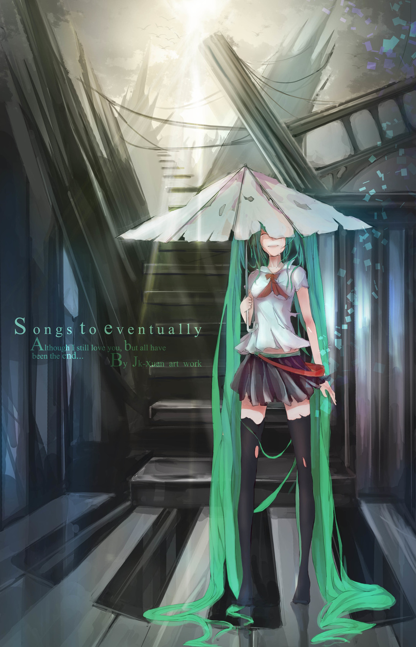 absurdly_long_hair absurdres bird closed_eyes engrish full_body green_hair hatsune_miku highres jk-xuan light_rays long_hair ranguage skirt solo stairs sunbeam sunlight tears thighhighs torn_clothes twintails umbrella very_long_hair vocaloid