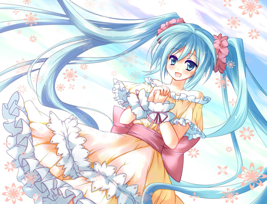 aqua_eyes aqua_hair bad_id bad_pixiv_id bare_shoulders dress frills fuupu hands_clasped hatsune_miku long_hair open_mouth own_hands_together sky solo twintails very_long_hair vocaloid