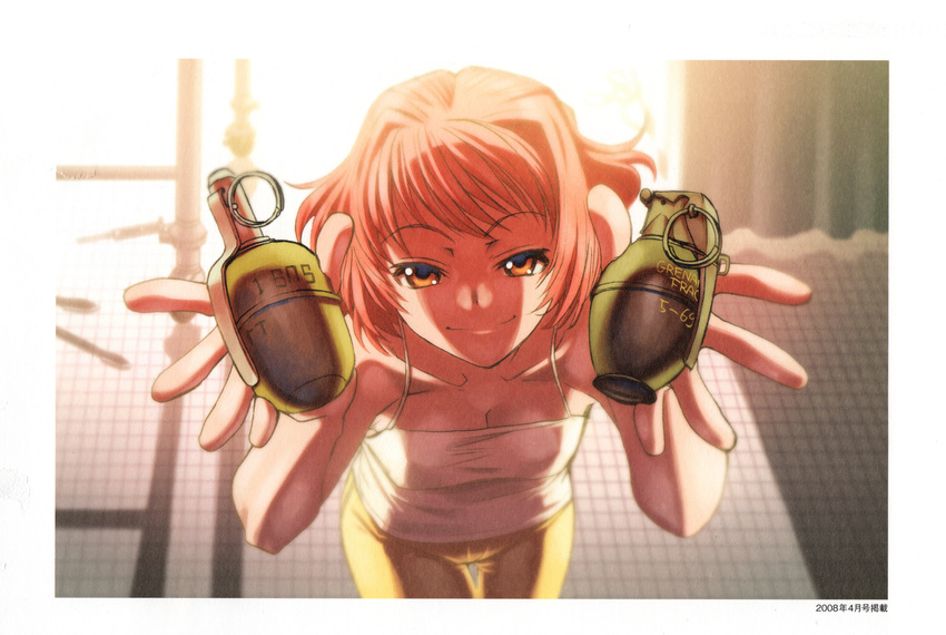 absurdres bent_over copyright_request explosive grenade highres hiroe_rei pants pov shorts smile solo tank_top