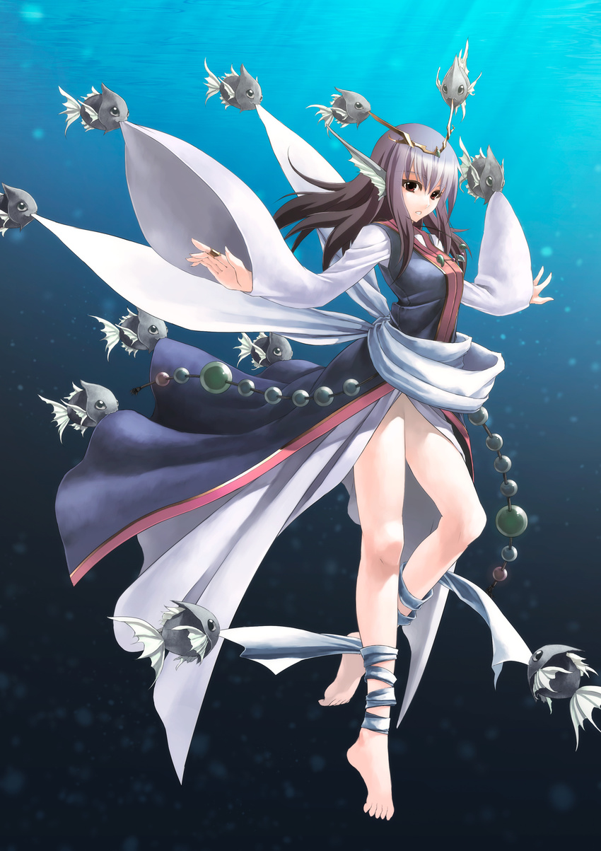 absurdres bad_id bad_pixiv_id bare_legs barefoot biting brown_hair dress dressing fish head_fins highres jewelry leg_ribbon long_hair magatama necklace original outstretched_arms red_eyes ribbon ring rotix solo spread_arms tiara underwater wide_sleeves