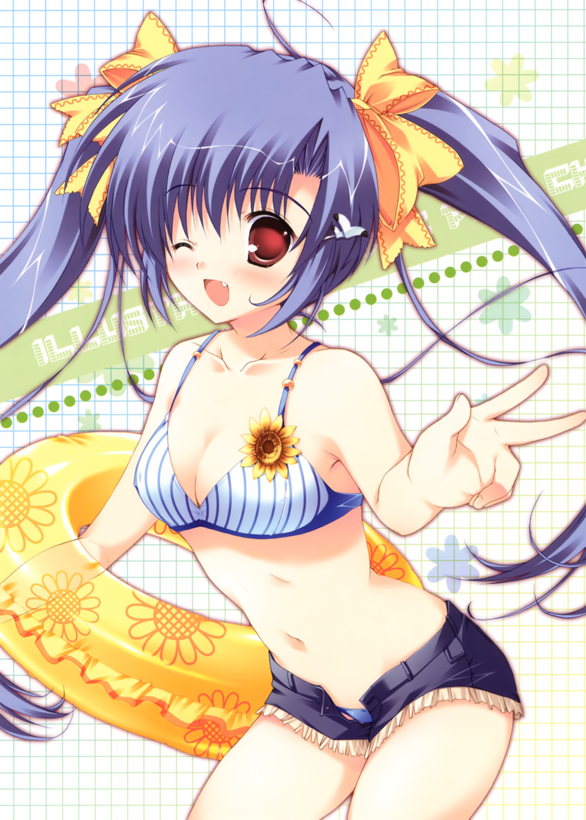 ;d absurdres bikini breasts cleavage covered_nipples fang hair_ribbon highres long_hair medium_breasts mikeou navel one_eye_closed open_mouth original purple_hair red_eyes ribbon shorts smile solo swimsuit twintails unbuttoned