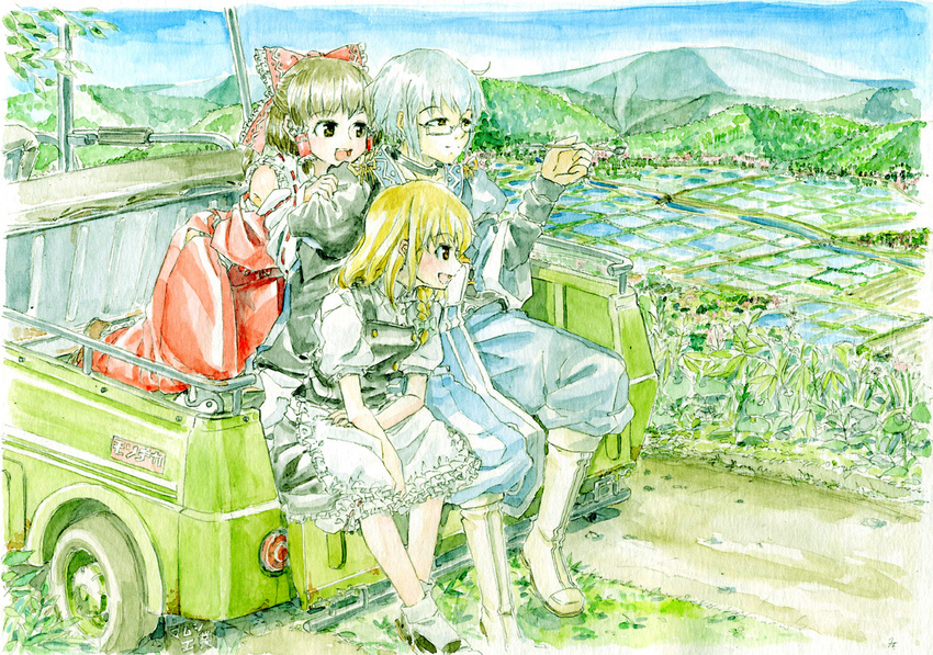 blonde_hair bloomers boots bow brown_eyes brown_hair car day farm gensoukyou ground_vehicle hair_bow hair_tubes hakurei_reimu hat kirisame_marisa kiseru landscape leaning_on_person looking_to_the_side master_(4th) morichika_rinnosuke motor_vehicle mountain multiple_girls nature outdoors pipe rice_paddy road rural sayonara_zetsubou_sensei short_hair silver_hair sitting smoke touhou traditional_media translated truck underwear watercolor_(medium) witch_hat yellow_eyes