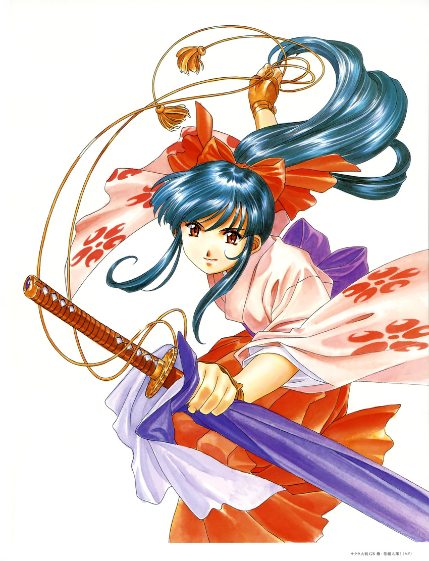 absurdres black_hair bow brown_eyes fingerless_gloves fujishima_kousuke gloves hair_bow highres japanese_clothes katana kimono long_hair official_art ponytail red_bow sakura_taisen scan shinguuji_sakura solo sword tassel weapon