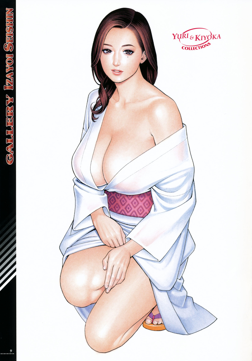 action_pizazz breasts brown_eyes brown_hair collarbone fingernails full_body highres huge_breasts izayoi_seishin japanese_clothes kimono lips long_sleeves looking_at_viewer mature mole off_shoulder page_number parted_lips sandals see-through_silhouette simple_background solo squatting text_focus undressing white_background
