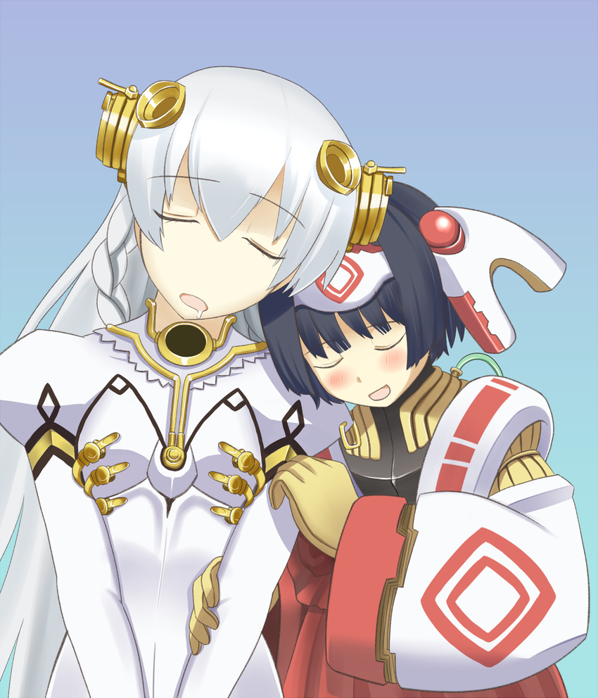 ar_tonelico ar_tonelico_i battlegaregga black_hair blush bob_cut closed_eyes commentary gloves hair_ornament head_on_shoulder head_rest highres long_hair meimei_(ar_tonelico) multiple_girls open_mouth saliva short_hair shurelia silver_hair simple_background sleeping