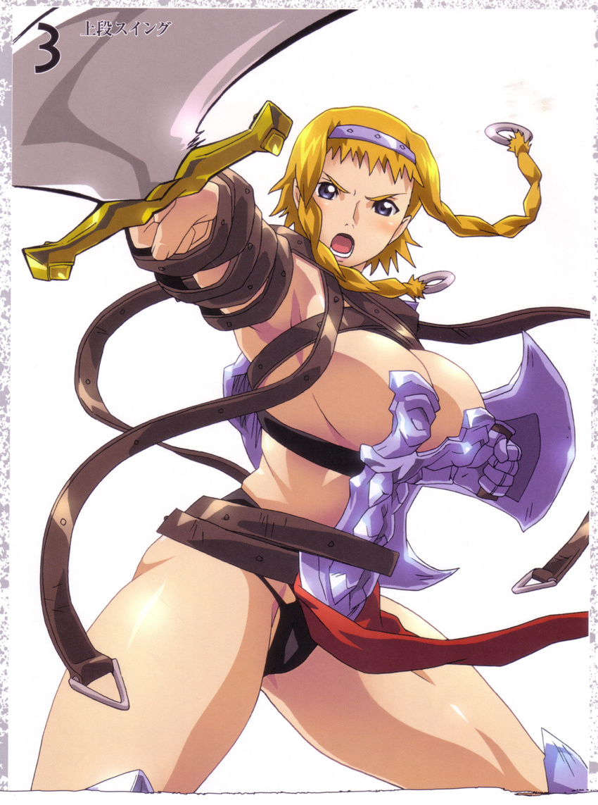 absurdres armor blonde_hair blue_eyes braid buckle hairband highres hisayuki_hirokazu leina open_mouth queen's_blade revealing_clothes shield short_hair_with_long_locks side_braid solo sword twin_braids weapon