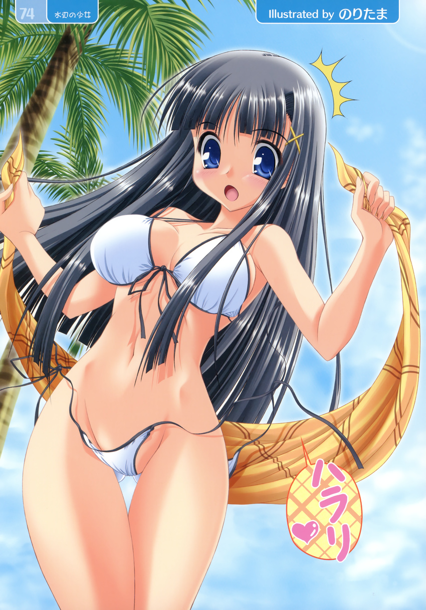 1girl absurdres bikini black_hair blue_eyes blush breasts copyright_request d: front-tie_top hair_ornament hairpin highres hime_cut large_breasts long_hair noritama_(gozen) open_mouth palm_tree print_sarong sarong sarong_removed side-tie_bikini solo strap_gap swimsuit thigh_gap tree untied wardrobe_malfunction white_bikini yellow_sarong