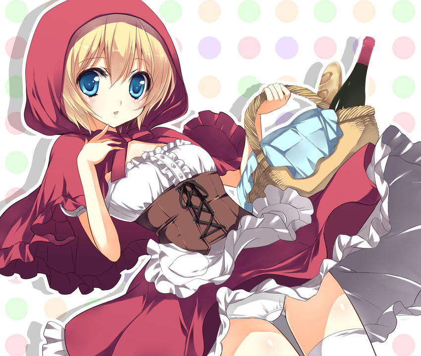 basket blonde blue_eyes bottle bread capelet hood little_red_riding_hood_(character) panchira pantsu red_riding_hood short_hair skirt solo thighhighs upskirt yukiwo