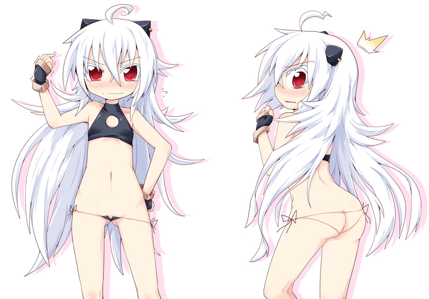 1girl ass blush crop_top fingerless_gloves gloves halter_top halterneck long_hair micro_panties navel original panties red_eyes reku shiroko_(reku) side-tie_panties underwear white_hair