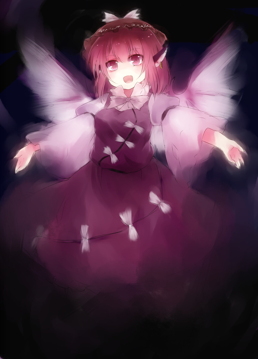absurdres animal_ears bad_id bad_pixiv_id dress hat highres jewelry mika_(moc828) mystia_lorelei open_mouth outstretched_arms pink_hair purple_eyes short_hair single_earring solo spread_arms touhou wings