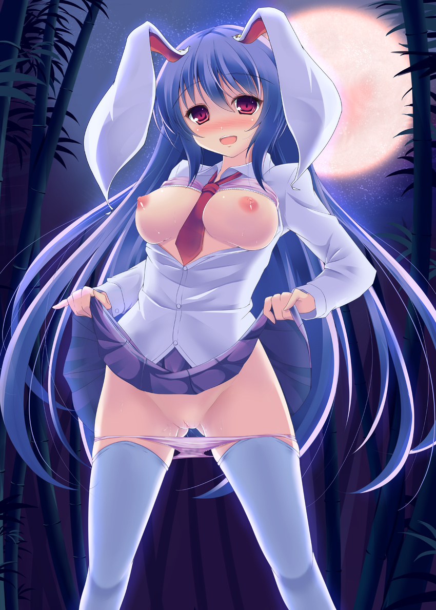 absurdres animal_ears bad_id bad_pixiv_id bamboo bamboo_forest between_breasts blush bra bra_lift breasts breasts_outside bunny_ears dress_shirt forest full_moon highres large_breasts lingerie long_hair moon nature necktie night nipples open_clothes open_shirt panties panty_pull purple_hair pussy pussy_juice red_eyes red_neckwear reisen_udongein_inaba second_heaven shirt skirt skirt_lift solo standing thighhighs touhou unbuttoned underwear wet wet_clothes wet_panties white_legwear