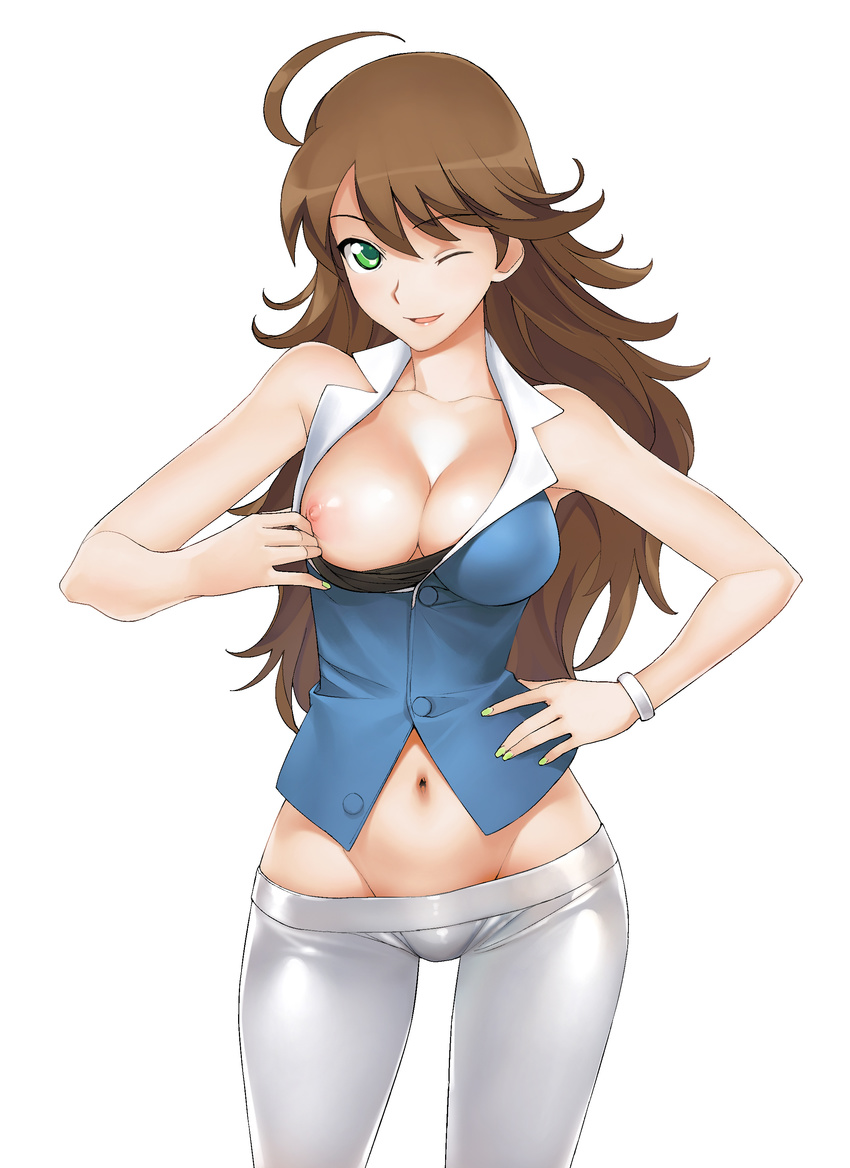 1girl a1 absurdres ahoge areolae awakened_miki bare_shoulders breast_slip breasts brown_hair cleavage collarbone cosplay fusion green_eyes gundam gundam_00 hand_on_hip highres hips hoshii_miki idolmaster initial-g large_breasts legs long_hair looking_at_viewer mound_of_venus nail_polish namco navel nipple_slip nipples one_breast_out oppai pants shirt_pull show_body_part solo standing sumeragi_lee_noriega sumeragi_lee_noriega_(cosplay) sunrise_(company) thighs wavy_hair wide_hips wink