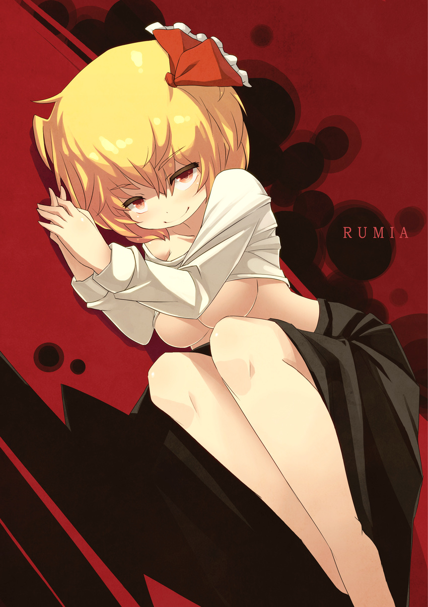 absurdres blonde_hair blueberry_(5959) breasts hair_ribbon highres looking_at_viewer lying medium_breasts on_side red_eyes ribbon rumia seductive_smile shirt_lift short_hair smile solo touhou underboob