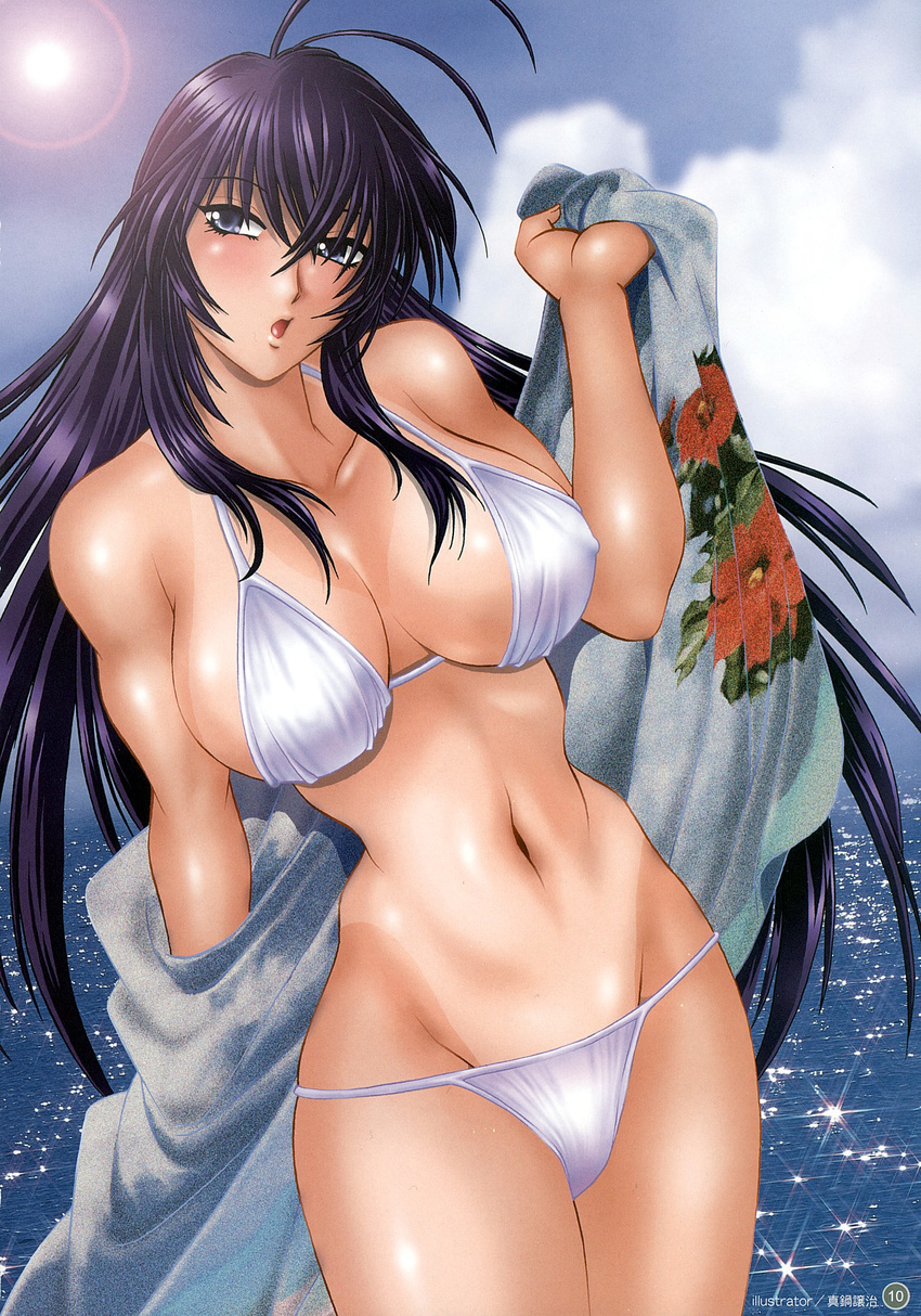 antenna_hair artbook beach bikini blue_eyes breasts covered_nipples day fanbook highres ikkitousen ikkitousen_dragon_destiny kan'u_unchou large_breasts long_hair manabe_jouji ocean official_art one-piece_tan open_mouth outdoors purple_hair scan solo swimsuit tan tanline toned very_long_hair water
