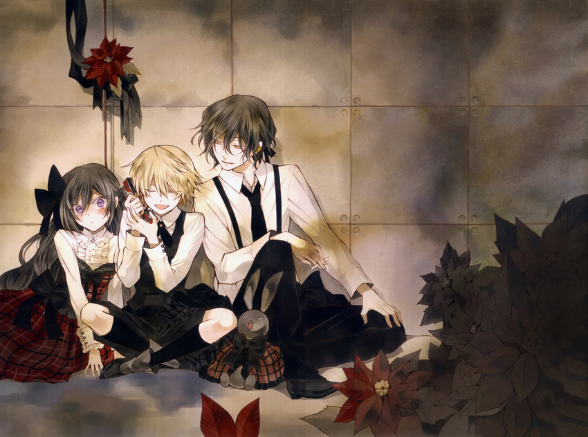 2boys absurdres alice_(pandora_hearts) black_hair blonde_hair brown_hair cigarette closed_eyes flower formal gilbert_nightray gloves highres long_hair mochizuki_jun multiple_boys necktie official_art oz_vessalius pandora_hearts phone purple_eyes short_hair sitting smile stuffed_animal stuffed_bunny stuffed_toy suspenders vest