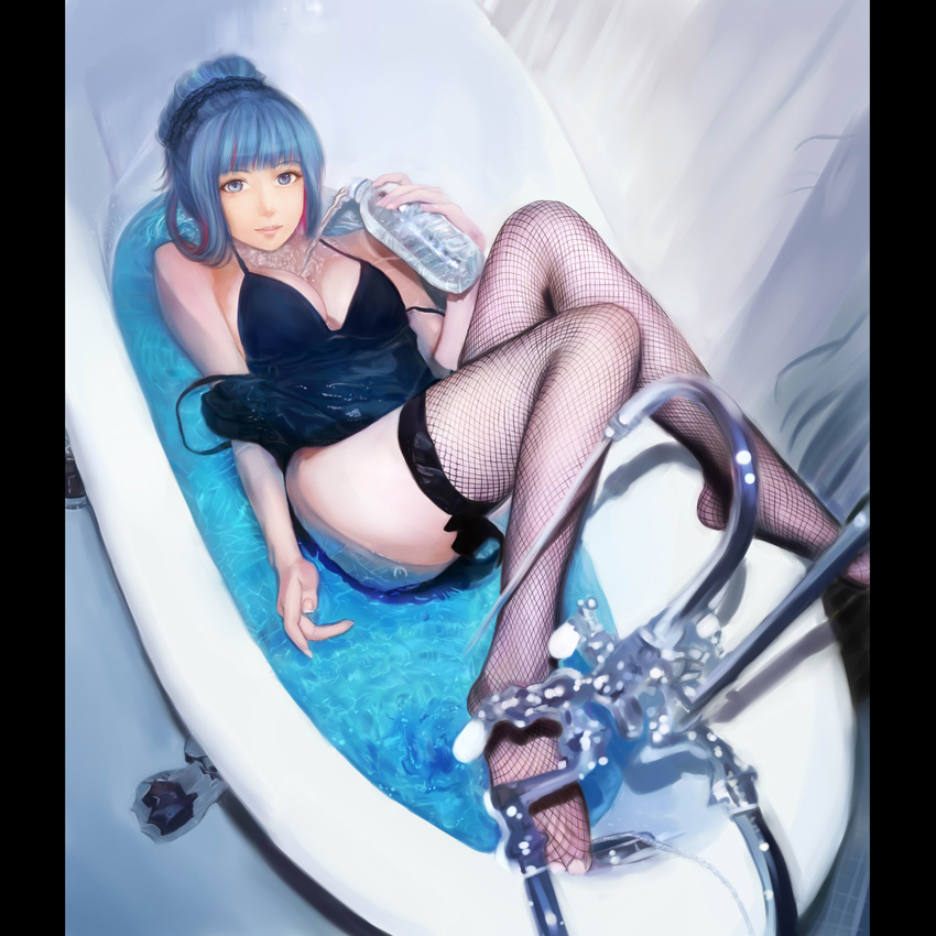 alternate_hairstyle bathroom bathtub black_dress blue_eyes blue_hair blurry bottle depth_of_field derivative_work dress faucet fishnet_legwear fishnets from_above hair_up highres lying moekyon on_back panty_&amp;_stocking_with_garterbelt pouring solo stocking_(psg) thighhighs water water_bottle