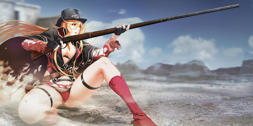 battle gun hat long_hair outdoors red_eyes red_hair spurs upskirt