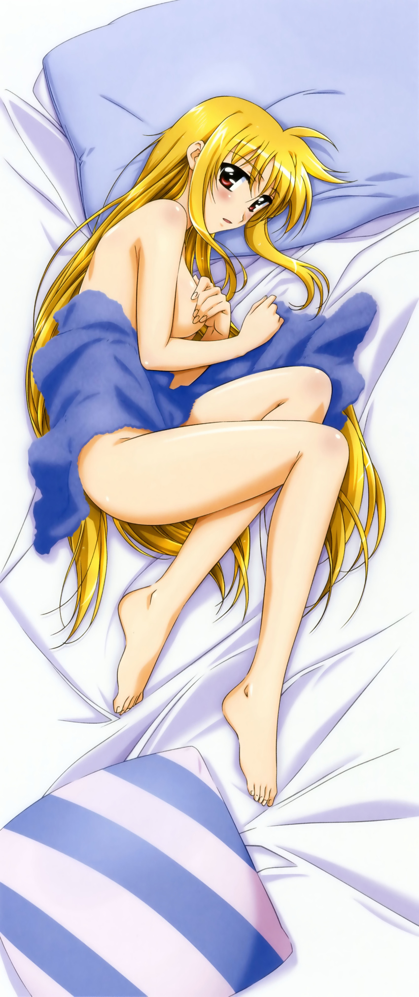 absurdres barefoot blonde_hair breasts dakimakura fate_testarossa feet highres long_hair lyrical_nanoha mahou_shoujo_lyrical_nanoha mahou_shoujo_lyrical_nanoha_strikers nude okuda_yasuhiro red_eyes sideboob solo towel very_long_hair