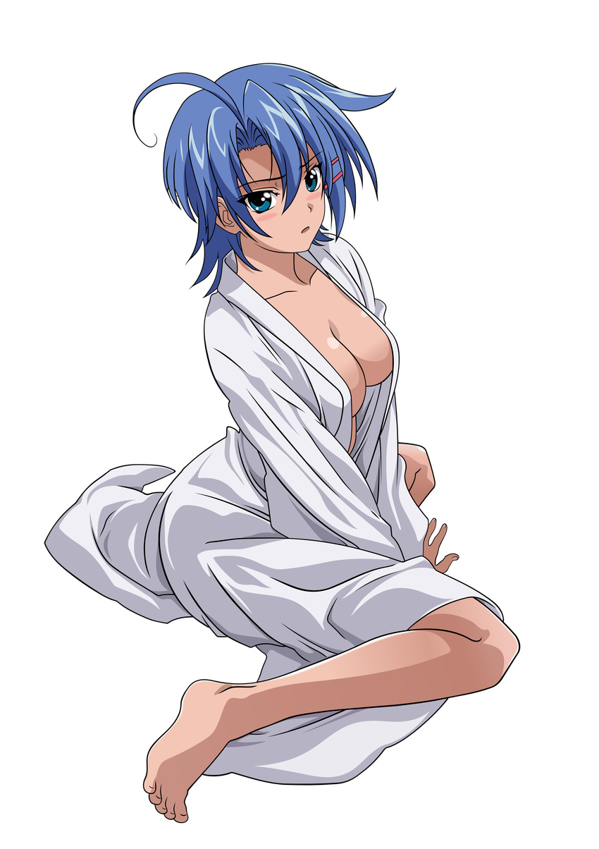 absurdres ass barefoot blue_eyes blue_hair breasts cleavage disrobed feet hattori_junko highres ichiban_ushiro_no_daimaou no_bra open_shirt robe transparent_png vector_trace