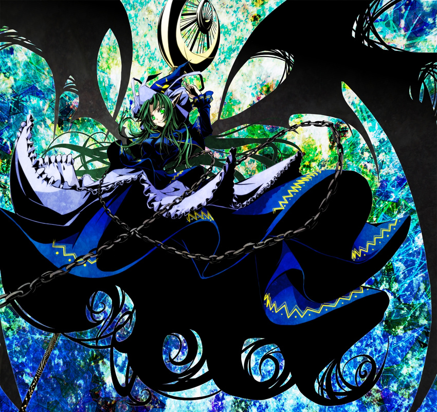 beshi blue_background blue_dress capelet chain crescent demon_wings dress green_eyes green_hair hat highres large_wings long_hair looking_down mima pointy_ears psychedelic solo staff touhou touhou_(pc-98) weapon wings wizard_hat