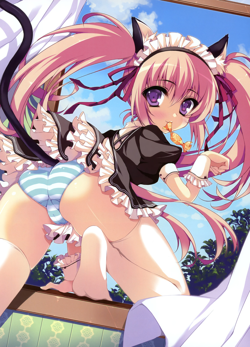 :3 absurdres anapom animal_ears ass cameltoe candy cat_ears cat_tail copyright_request food from_behind highres long_hair looking_back maid mouth_hold panties paw_pose pink_hair purple_eyes solo striped striped_panties tail thighhighs twintails underwear white_legwear