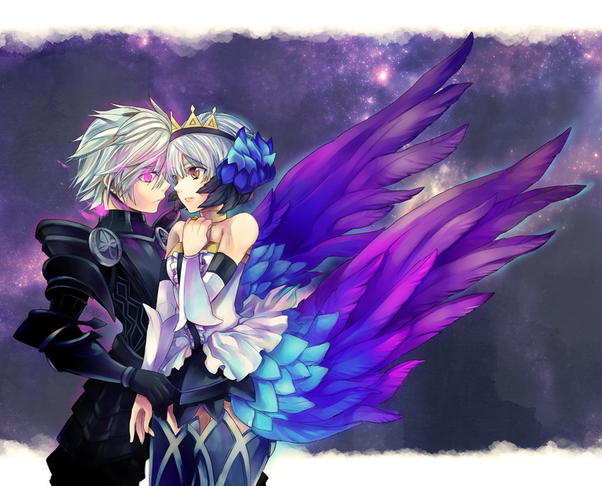 1girl armor armored_dress bad_id bad_pixiv_id bare_shoulders black_armor boots couple crown dress elbow_gloves feathers gloves grey_background gwendolyn hair_feathers hand_on_own_chest hetero jewelry multicolored multicolored_wings odin_sphere oswald_(odin_sphere) purple_eyes ring short_hair strapless strapless_dress thigh_boots thighhighs touge78 vambraces white_hair wings yellow_eyes