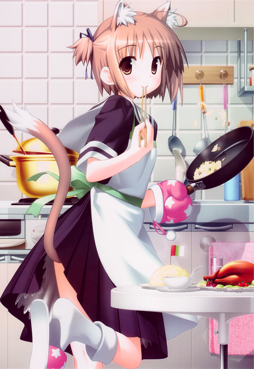 absurdres animal_ears apron brown_hair cat_ears cat_tail chopsticks footwear frying_pan highres hiide kitchen maid nekomimi nekomiya_nono short_hair slippers socks tail yotsunoha