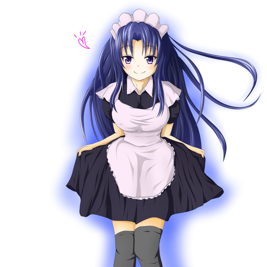 apron blue_hair breasts cosplay curtsey denpa_onna_to_seishun_otoko heart highres large_breasts long_hair maid maid_headdress matamataro purple_eyes smile solo thighhighs touwa_meme