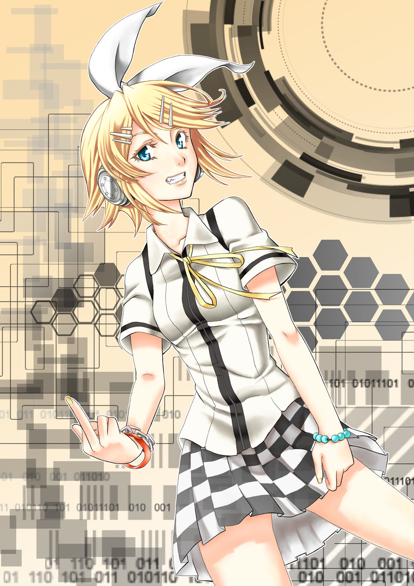 aqua_eyes blonde_hair bracelet checkered checkered_skirt hair_ornament hair_ribbon hairclip headphones highres jewelry kagamine_rin meimu_(yumegoya) middle_finger nail_polish ribbon school_uniform short_hair skirt smile solo tiger_rampage_(vocaloid) vocaloid