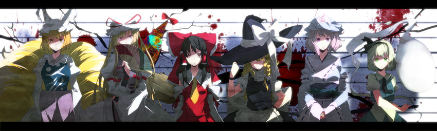 ascot bad_id bad_pixiv_id black_hair blonde_hair blue_eyes bow braid brown_eyes detached_sleeves dress fan fox_tail gap ghost hair_bow hair_tubes hairband hakurei_reimu hat hirasaka_ine hitodama katana kirisame_marisa konpaku_youmu konpaku_youmu_(ghost) letterboxed lineup long_hair mugshot multiple_girls multiple_tails purple_eyes red_eyes ribbon saigyouji_yuyuko scabbard sheath short_hair silver_hair skirt smile sword tail touhou vest weapon white_hair witch_hat yakumo_ran yakumo_yukari yellow_eyes