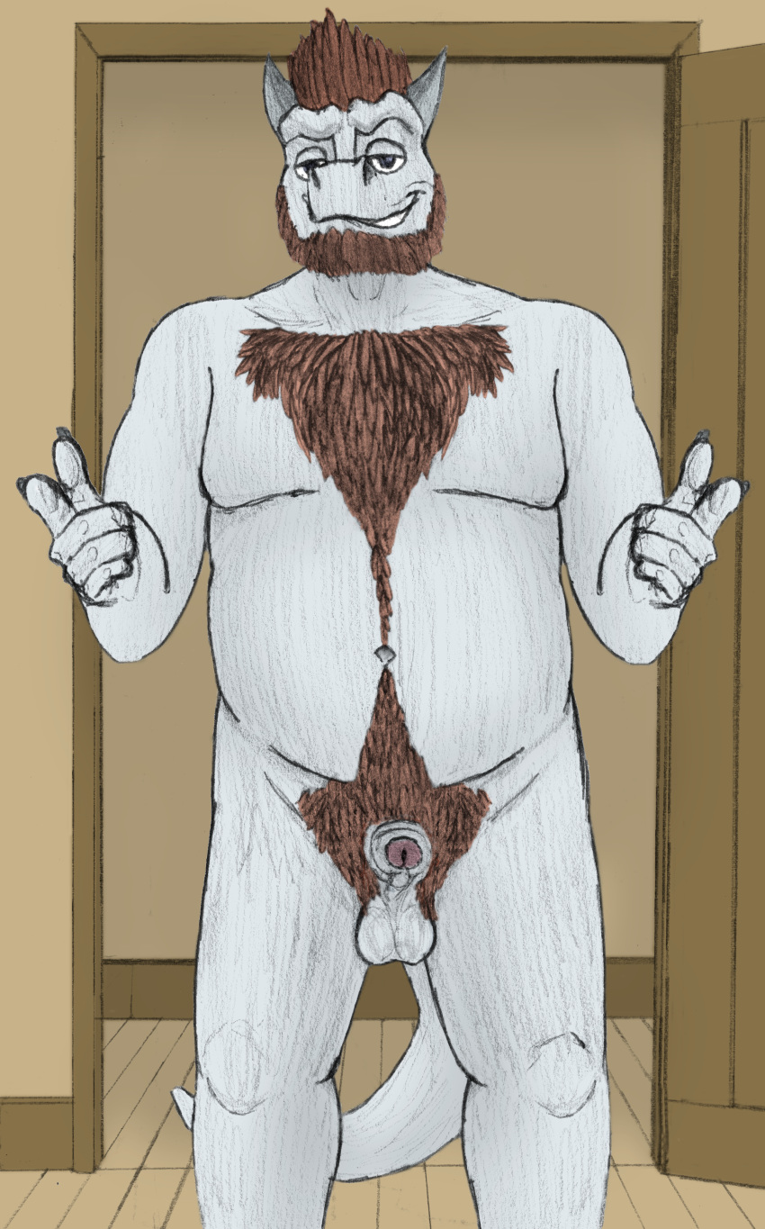 2019 5_fingers anthro arlin_oxer_(character) balls beard belly biped blue_eyes body_hair chest_hair claws detailed_background dragonborn dungeons_&amp;_dragons erection facial_hair feathers foreskin front_view hair hi_res horn humanoid_hands humanoid_penis inside looking_at_viewer male matydraws_(artist) moobs navel nude overweight overweight_male partially_retracted_foreskin penis plantigrade portrait pubes scales scalie smile smirk smug solo standing teeth three-quarter_portrait uncut