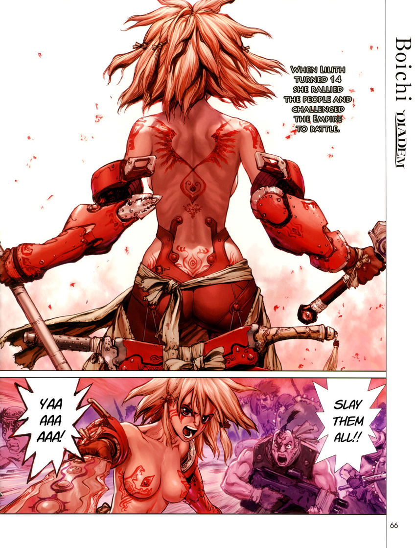 4boys angry armor back_tattoo backboob blonde_hair boichi breast_tattoo breasts comic copyright_request dual_wielding facial_tattoo foreshortening gauntlets gun hard_translated highres holding holding_gun holding_sword holding_weapon medium_breasts messy_hair multiple_boys muscle open_mouth red_eyes scan short_hair shoulder_blades shouting source_request sword tassel tattoo teeth topless tramp_stamp translated tribal_tattoo weapon wing_tattoo